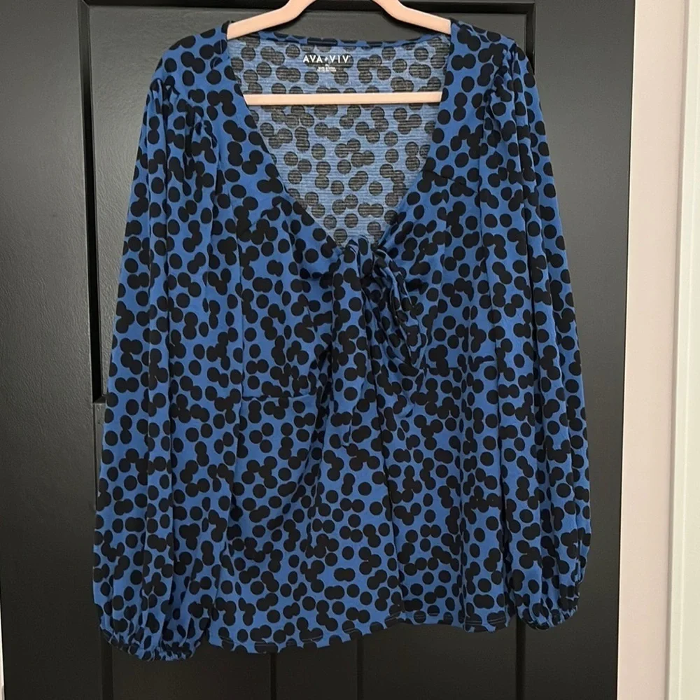 Ava & Viv Blue and Black Polka Dot Tie Front, Long  Sleeve Blouse. Size 2X=20/22